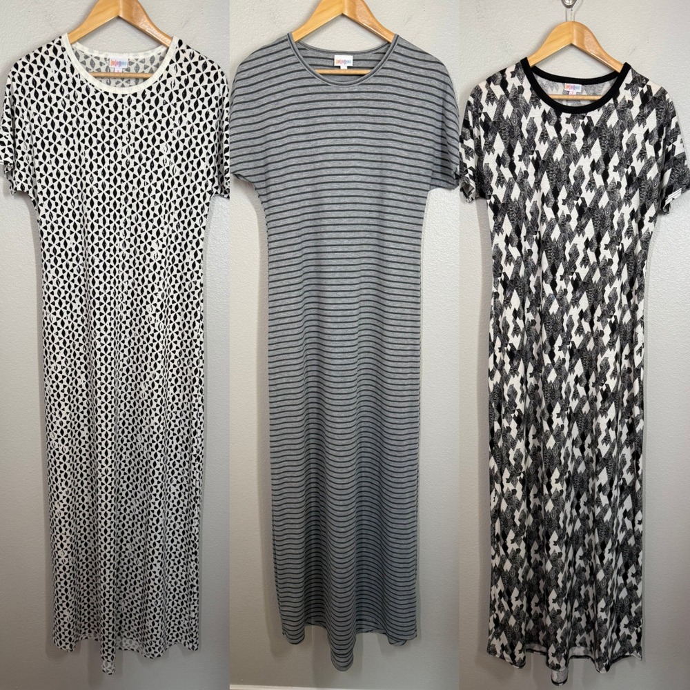 Lot of 3 LuLaRoe Maxi Dress Sz S Black White Geometric Gray Short Sleeve T-Shirt